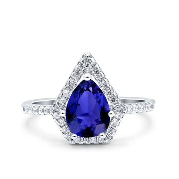 Halo Art Deco Solitaire Accent Pear Wedding Bridal Ring Simulated Blue Sapphire CZ 925 Sterling Silver
